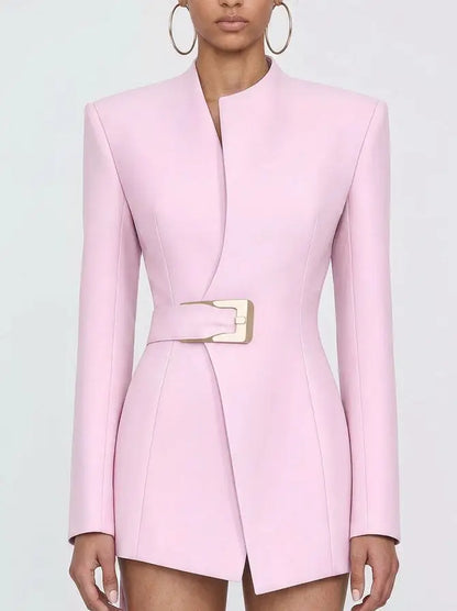 Belted Pink Tailored Blazer with Gold Buckle - S - Jackets