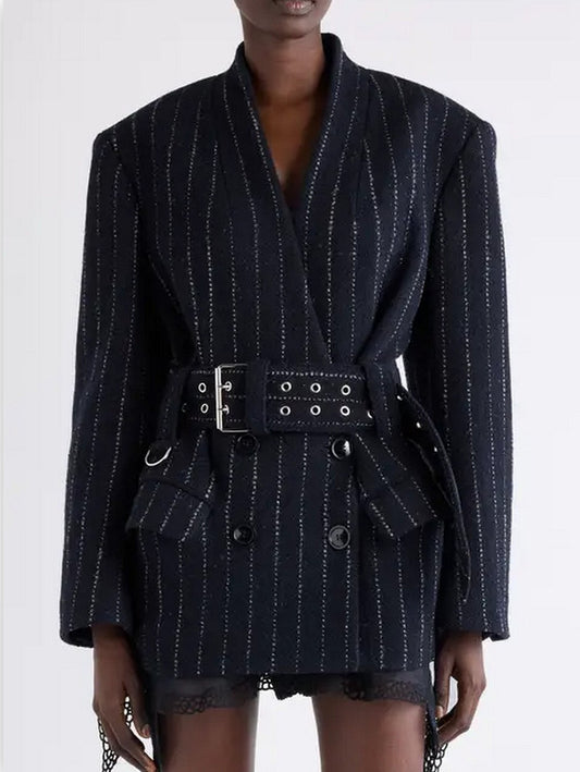Belted Pinstripe Wool-Blend Blazer