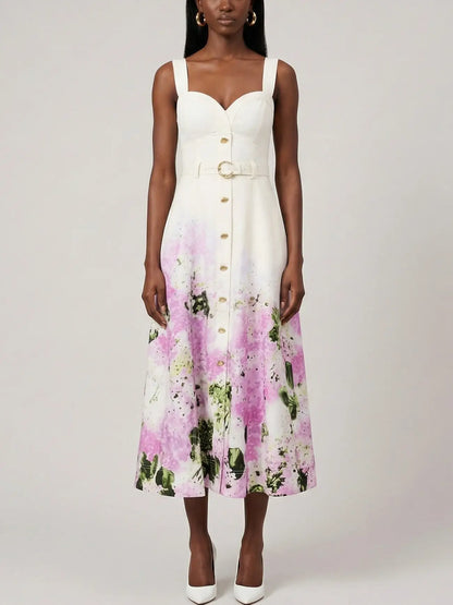 Belted Printed Linen-Blend Midi Dress - XS - Dresses