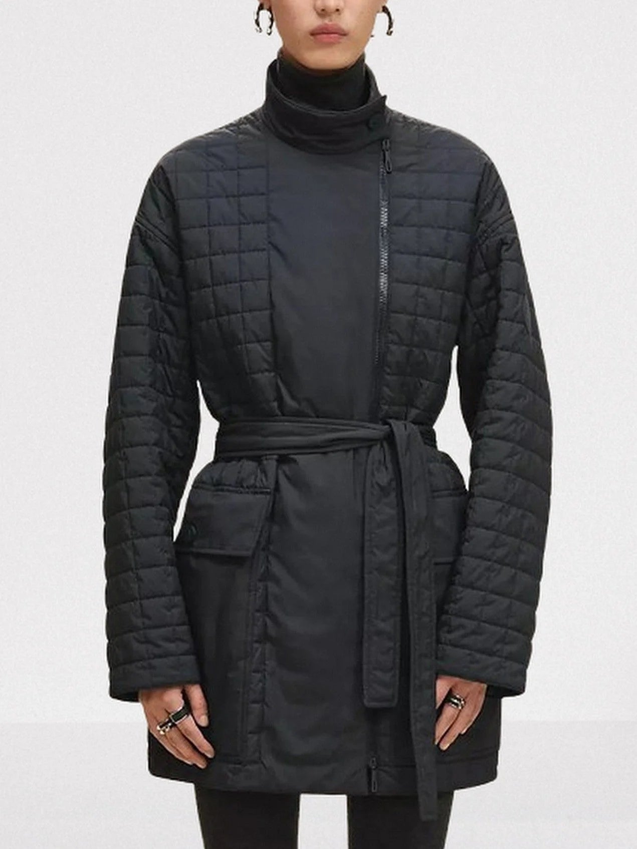 Belted Quilted High-Collar Coat - Small - Coats