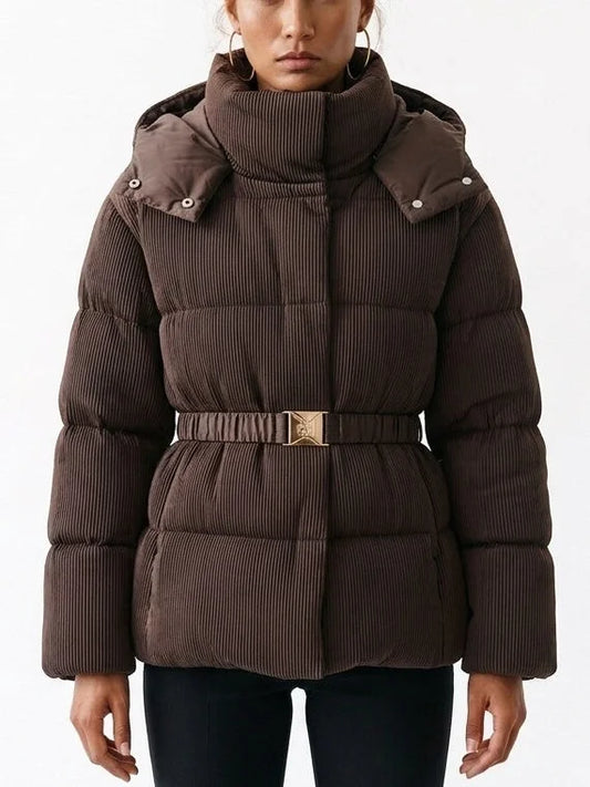 Belted Ribbed Down Puffer Jacket in Brown - Small - Jackets