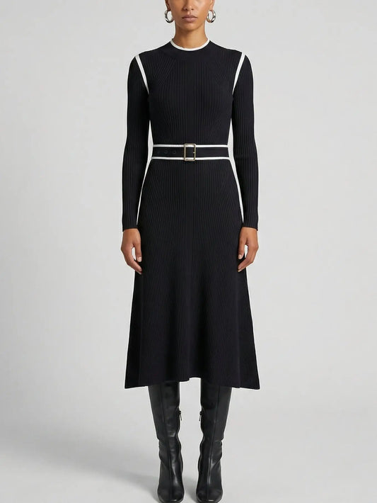 Belted Ribbed Knit Midi Dress with White Contrast Trim - S - Dresses