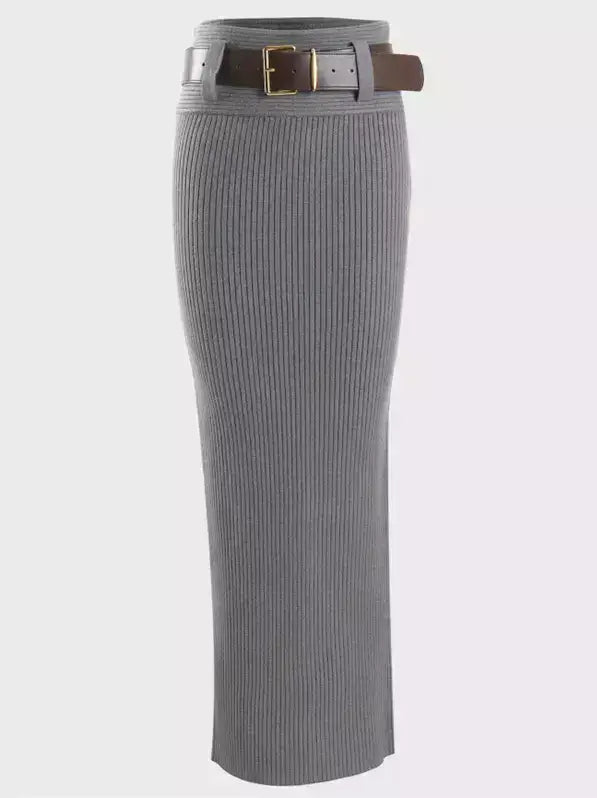 Belted Ribbed Knit Pencil Skirt - Small / Grey - Skirts