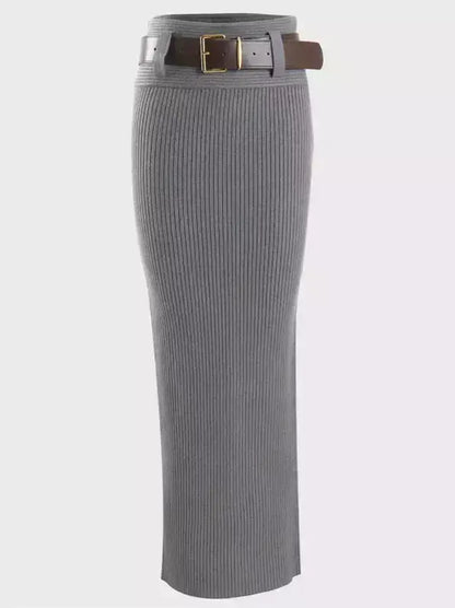 Belted Ribbed Knit Pencil Skirt - Small / Grey - Skirts