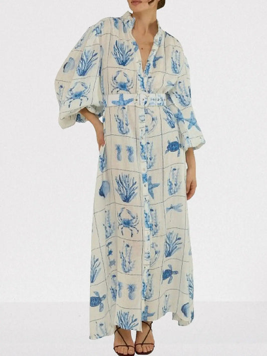 Belted Sea Life Printed Linen Maxi Dress - S - Dresses