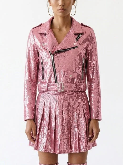 Belted Sequin Biker Jacket and Pleated Skirt Set - XS / Pink - Suits & Sets