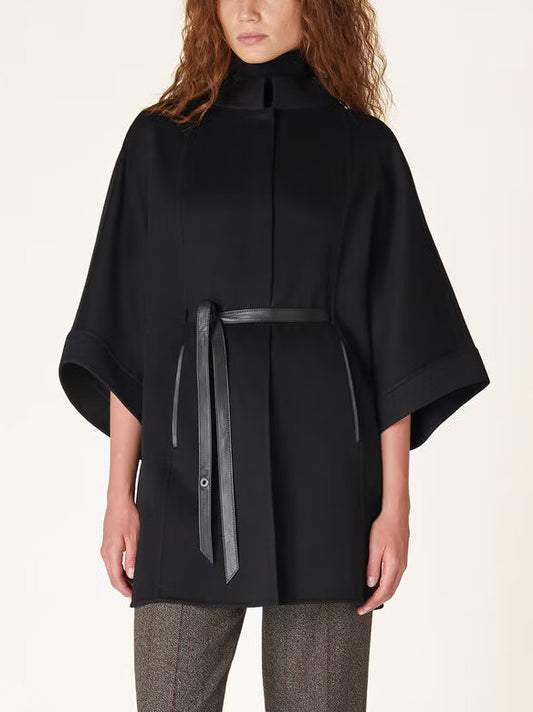 Belted Short Cape Coat with Mock Neck in Black Branna Couture