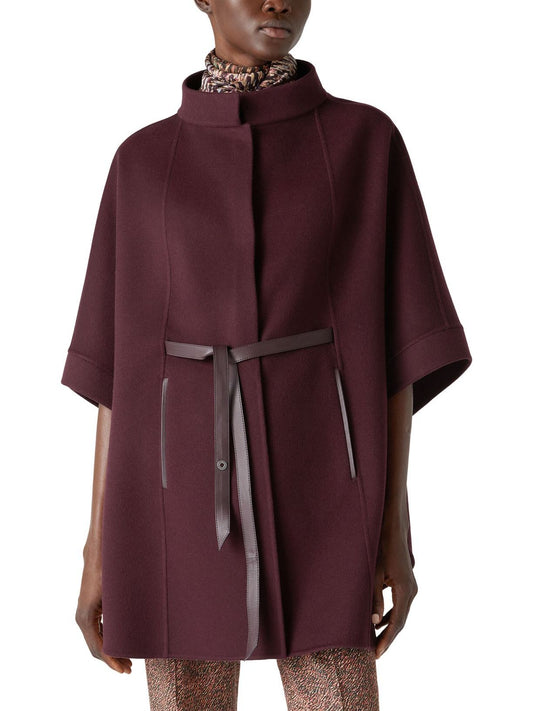 Belted Short Cape Coat with Mock Neck in Burgundy Branna Couture