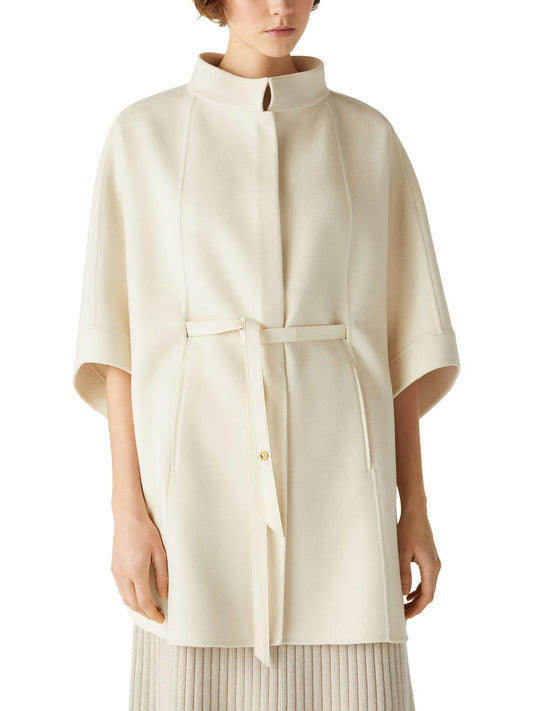 Belted Short Cape Coat with Mock Neck in White Branna Couture