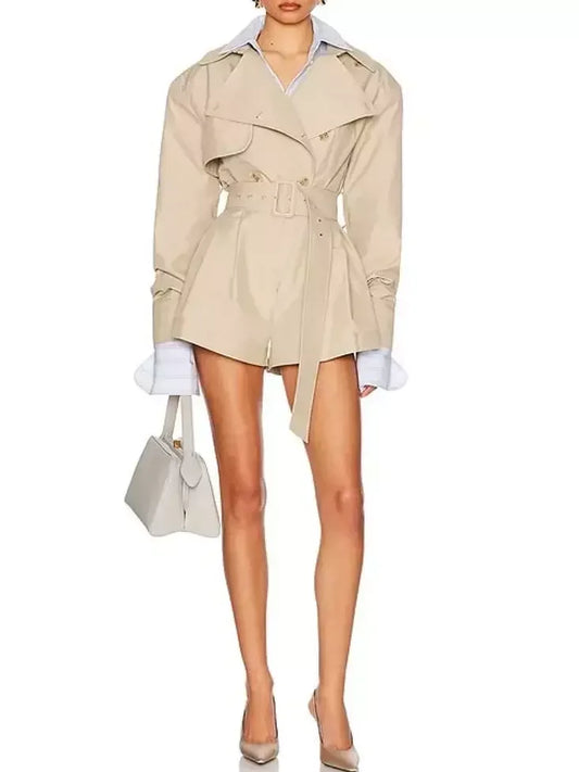 Belted Short Trench Jumpsuit in Khaki - Small - Suits & Sets
