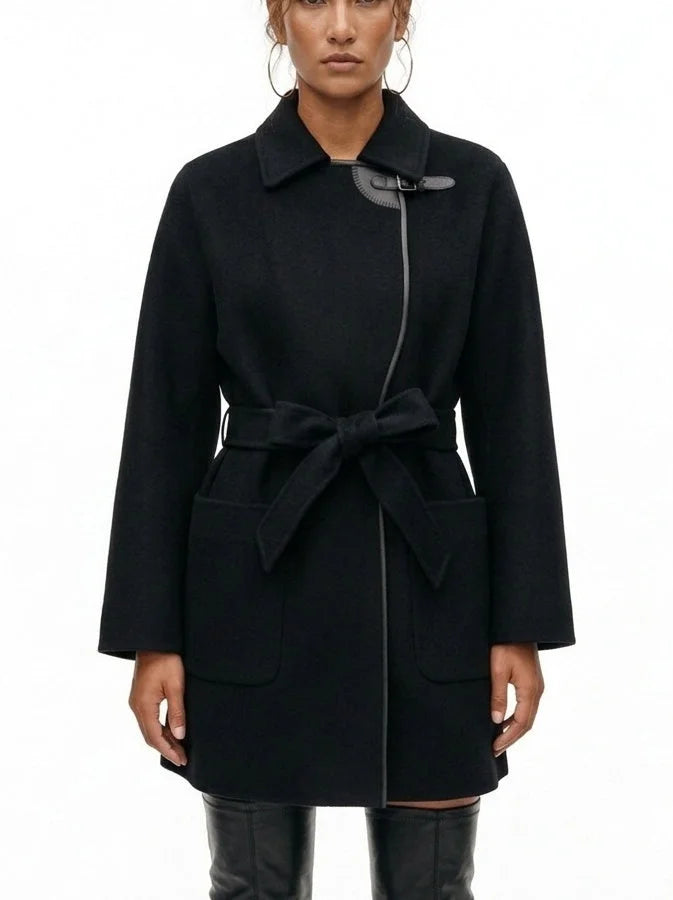 Belted Short Wool Cashmere Coat with Leather Trim - Small / Black - Coats