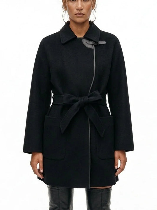Belted Short Wool Cashmere Coat with Leather Trim - Small / Black - Coats