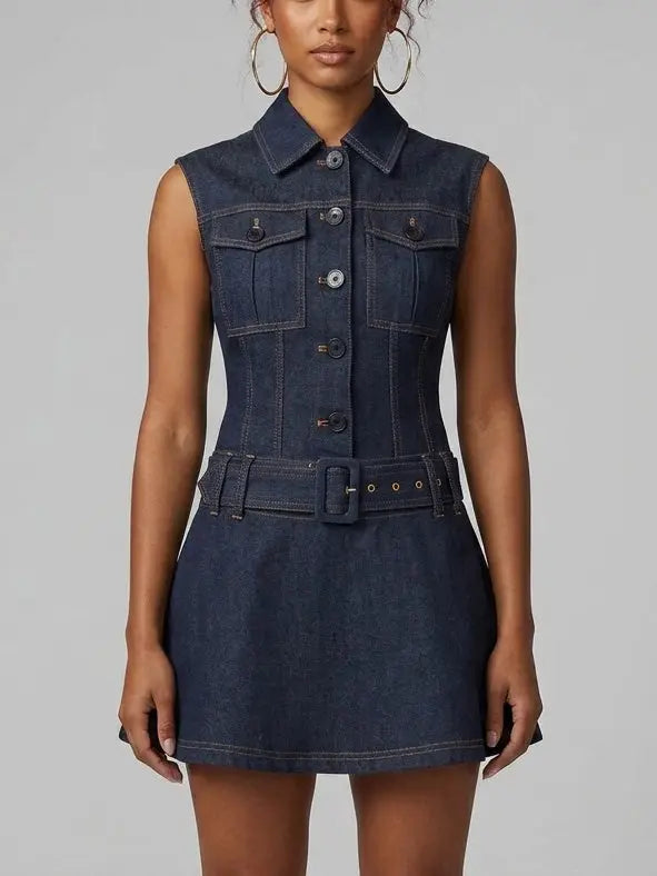 Button-Embellished Denim Mini Dress - Small - Dresses