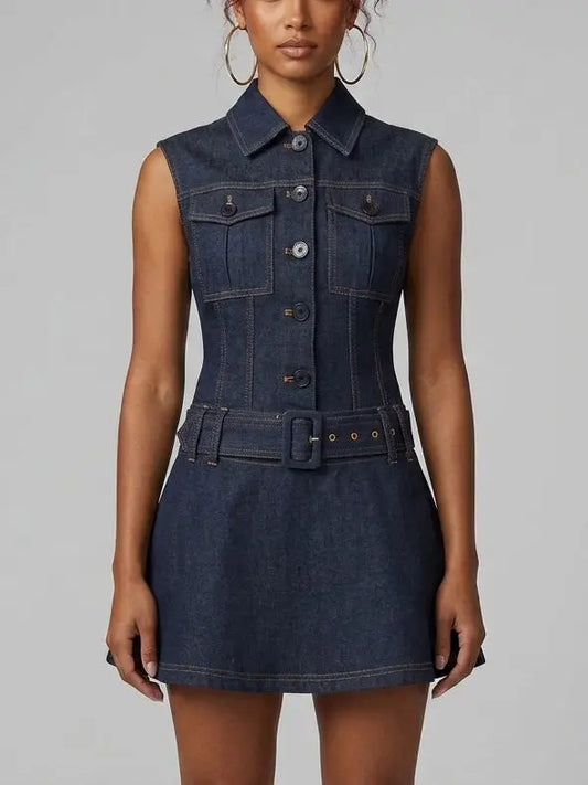 Button-Embellished Denim Mini Dress - Small - Dresses