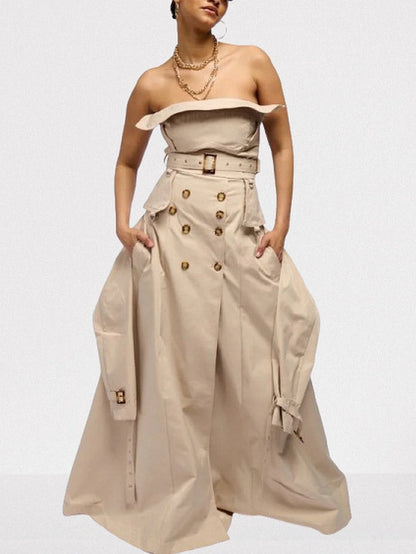 Belted Strapless Trench Dress in Khaki Small Dresses