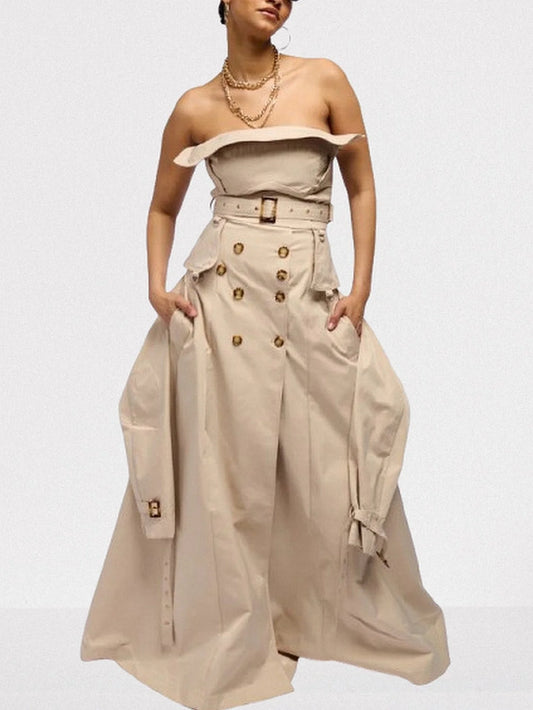 Belted Strapless Trench Dress in Khaki Small Dresses