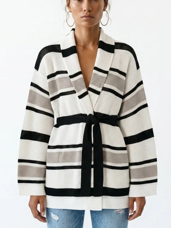 Belted Striped Open Knit Cardigan Sweater - Small - Sweaters & Knitwear