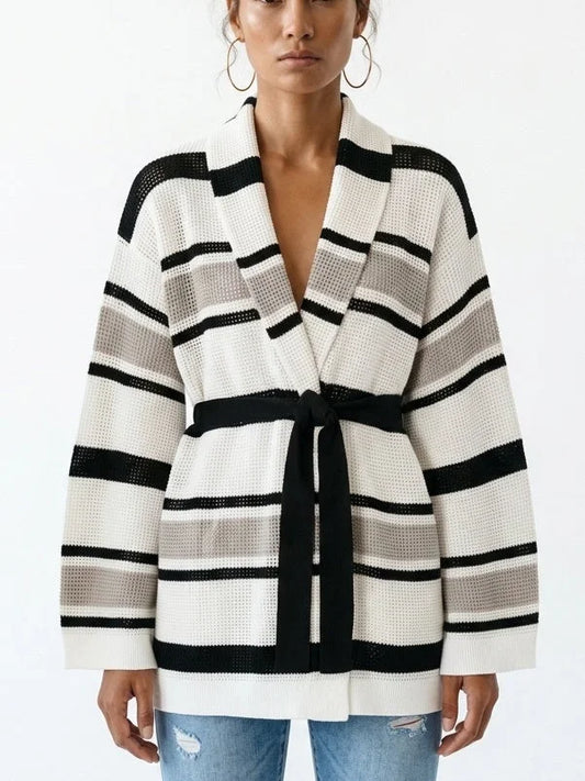 Belted Striped Open Knit Cardigan Sweater - Small - Sweaters & Knitwear