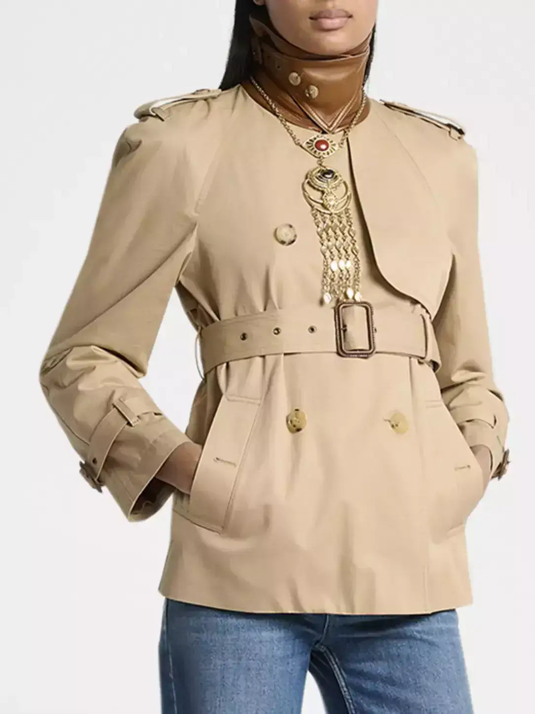 Belted Trench Jacket with Leather Collar - Small - Jackets