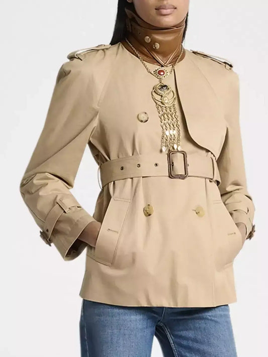 Belted Trench Jacket with Leather Collar - Small - Jackets