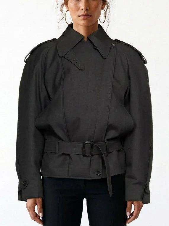 Belted Trench Style Jacket with Shoulder Epaulets - Small - Jackets