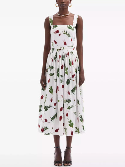 Women’s Belted Tulip Printed White Sundress Branna Couture