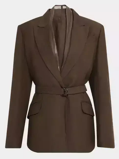 Belted Twill Brown Blazer with Silk Organza Trim - Small - Jackets
