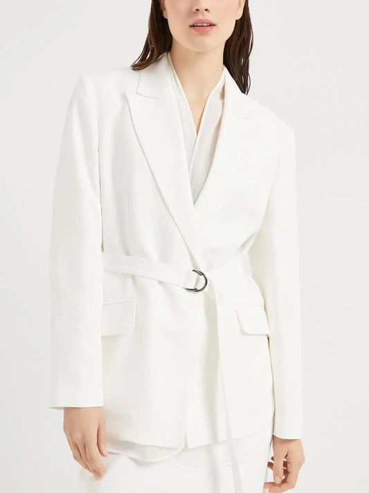 Belted Twill White Blazer with Silk Organza Trim - Small - Jackets