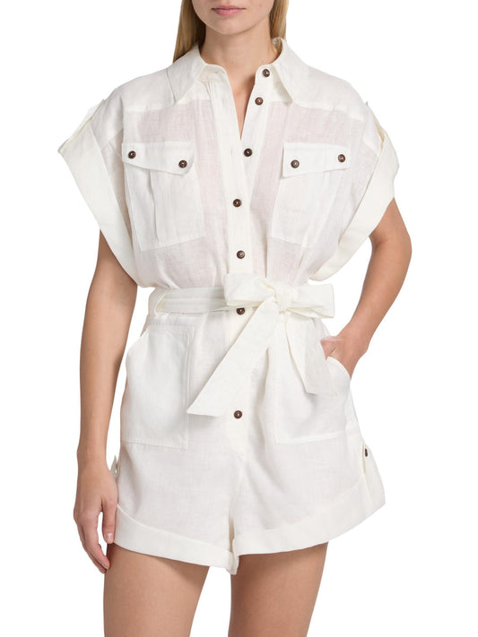 Belted White Linen Playsuit - Small - Suits & Sets