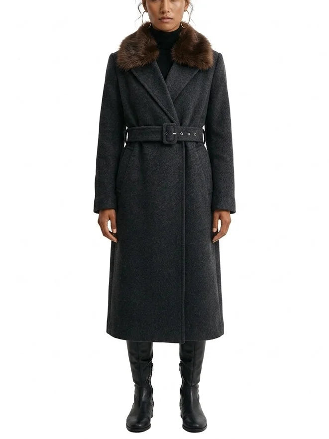 Safety-Pin Belted Black Wool Coat - Small / Dark Grey - Coats