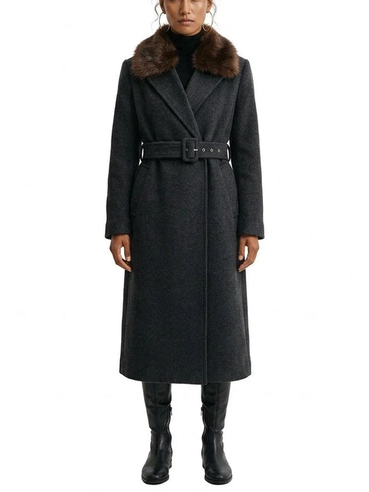 Safety-Pin Belted Black Wool Coat - Small / Dark Grey - Coats