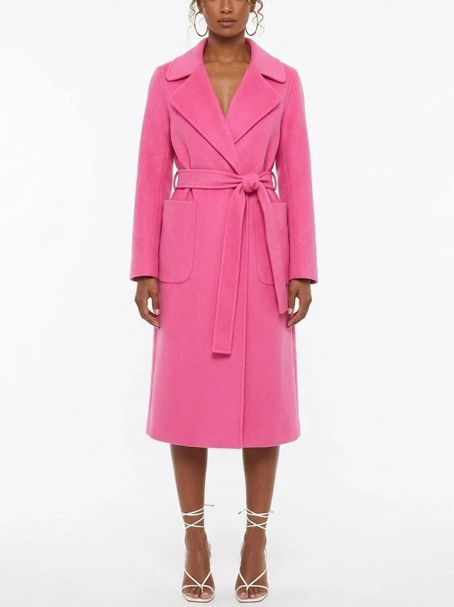 Belted Wool Cashmere Coat with Oversized Patch Pockets - Small / Fuchsia Pink - Coats