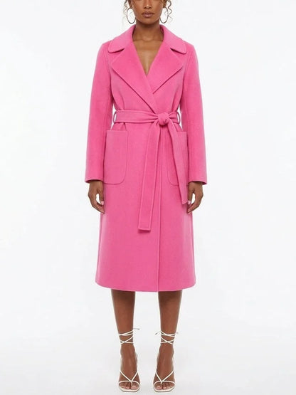 Belted Wool Cashmere Coat with Oversized Patch Pockets - Small / Fuchsia Pink - Coats