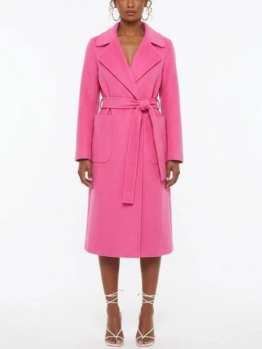 Belted Wool Cashmere Coat with Oversized Patch Pockets - Small / Fuchsia Pink - Coats