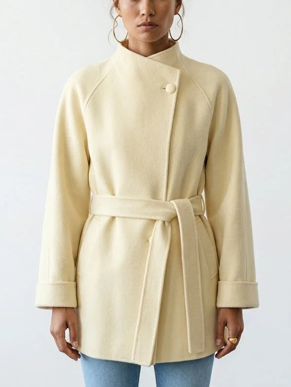 Belted Wool Cashmere Short Coat in Soft Yellow - XS - Coats