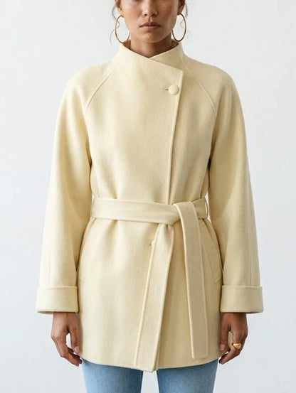 Belted Wool Cashmere Short Coat in Soft Yellow - XS - Coats