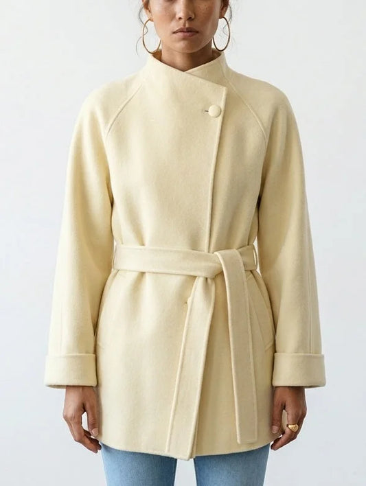 Belted Wool Cashmere Short Coat in Soft Yellow - XS - Coats
