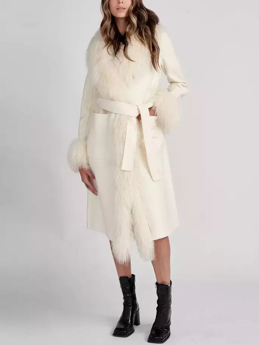 Belted Wool Cashmere and Mongolian Fur Coat in White - Branna Couture