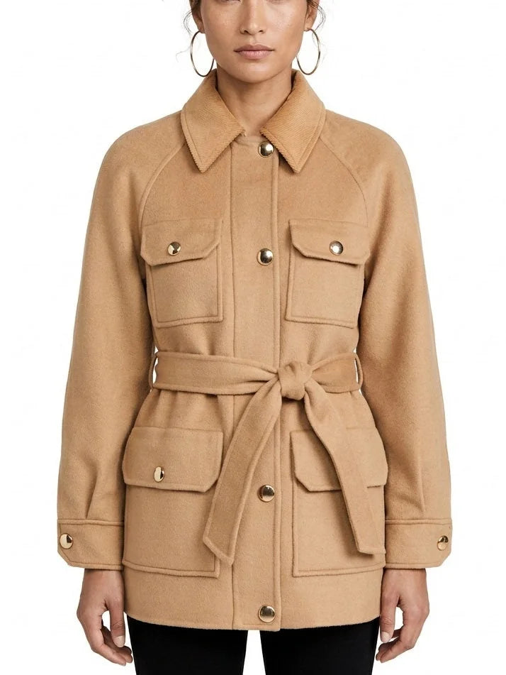 Belted Wool Utility Jacket with Gold Tone Buttons - Small - Jackets