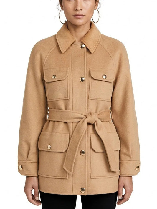 Belted Wool Utility Jacket with Gold Tone Buttons - Small - Jackets