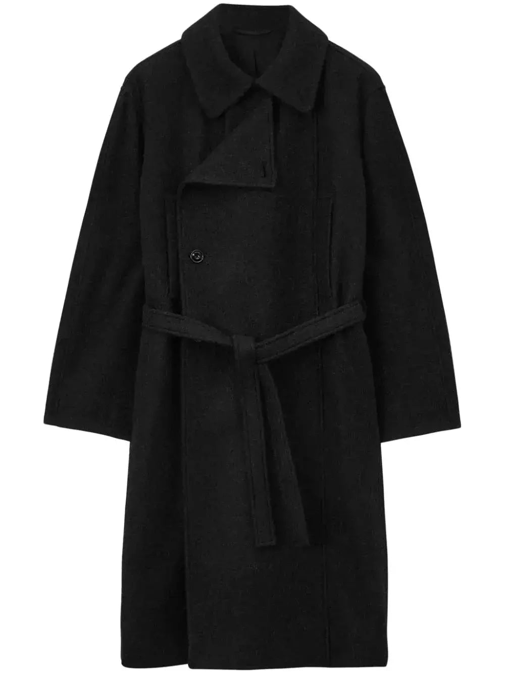 Belted Bathrobe Style Wool Coat in Black Branna Couture