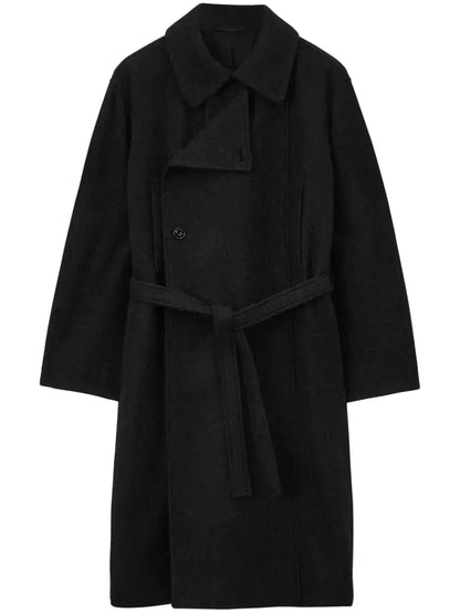 Belted Bathrobe Style Wool Coat in Black Branna Couture