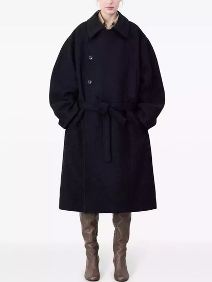 Belted Bathrobe Style Wool Coat in Black Branna Couture