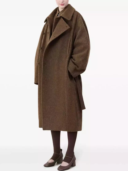 Belted Bathrobe Style Wool Coat in Brown Branna Couture