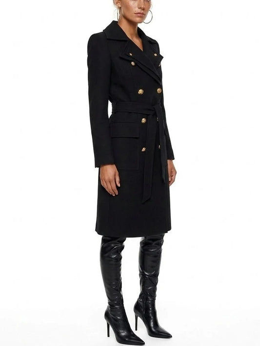 Belted Black Double Breasted Tailored Coat - Coats