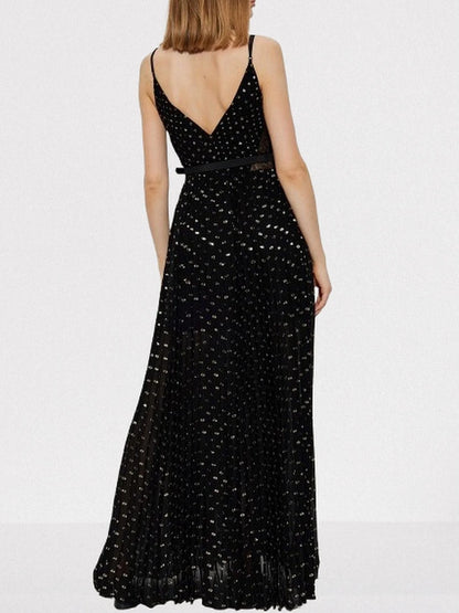 Belted Black Gold-Spotted Chiffon Maxi Dress - Dresses