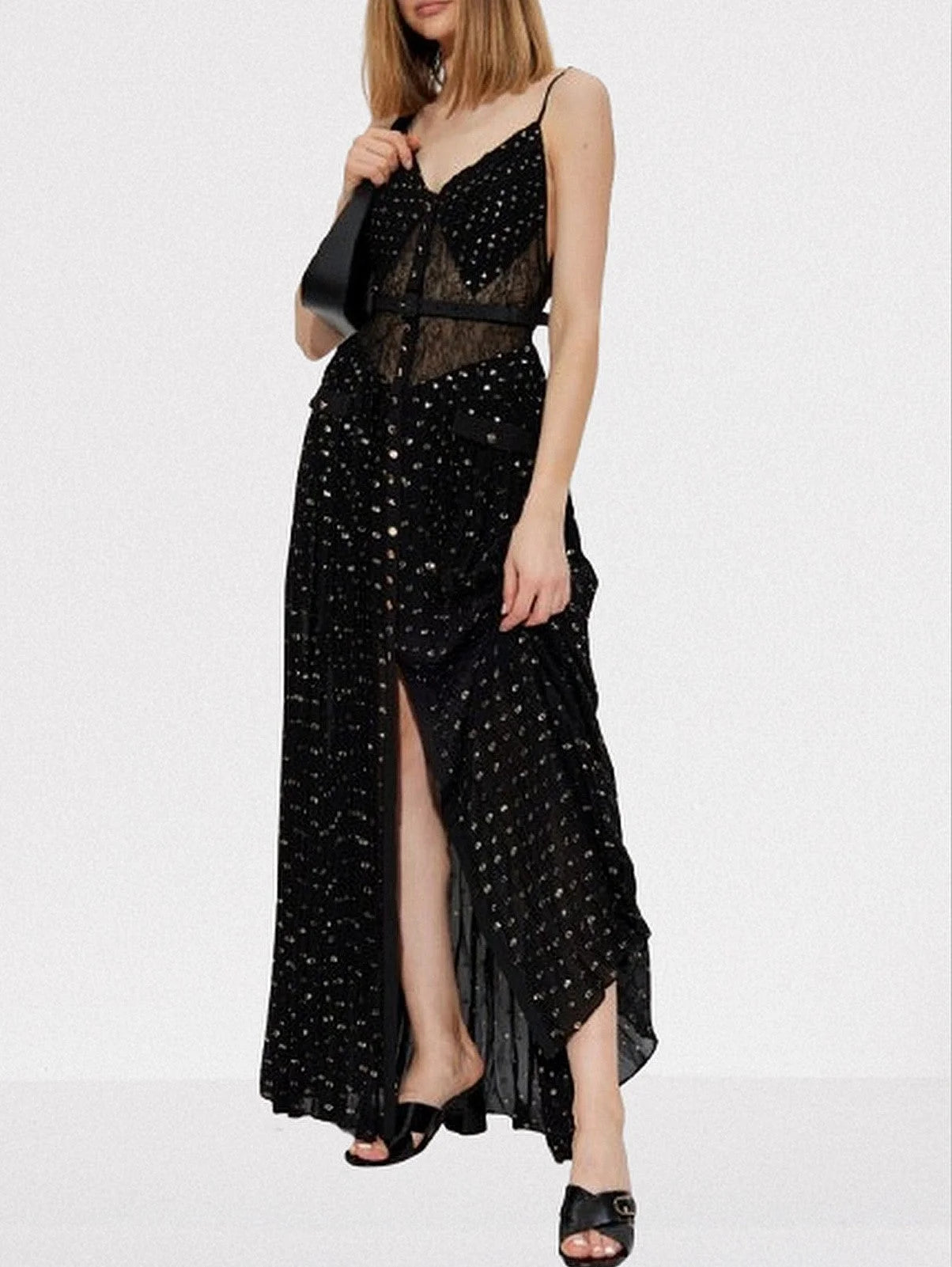 Belted Black Gold-Spotted Chiffon Maxi Dress - Dresses