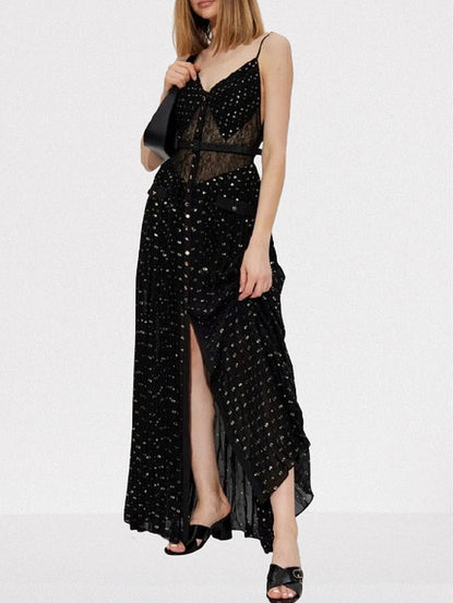 Belted Black Gold-Spotted Chiffon Maxi Dress - Dresses