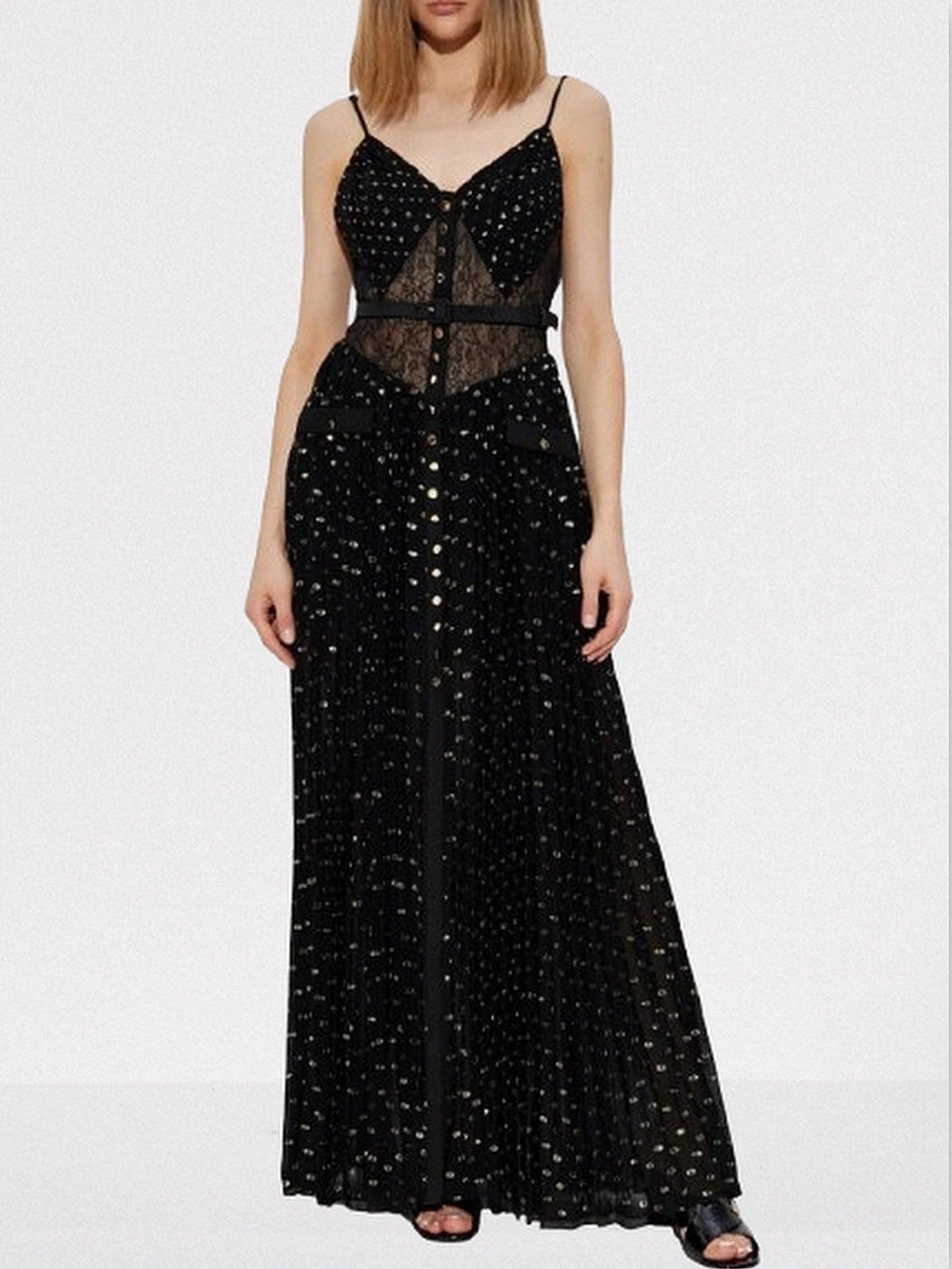 Belted Black Gold-Spotted Chiffon Maxi Dress - Dresses