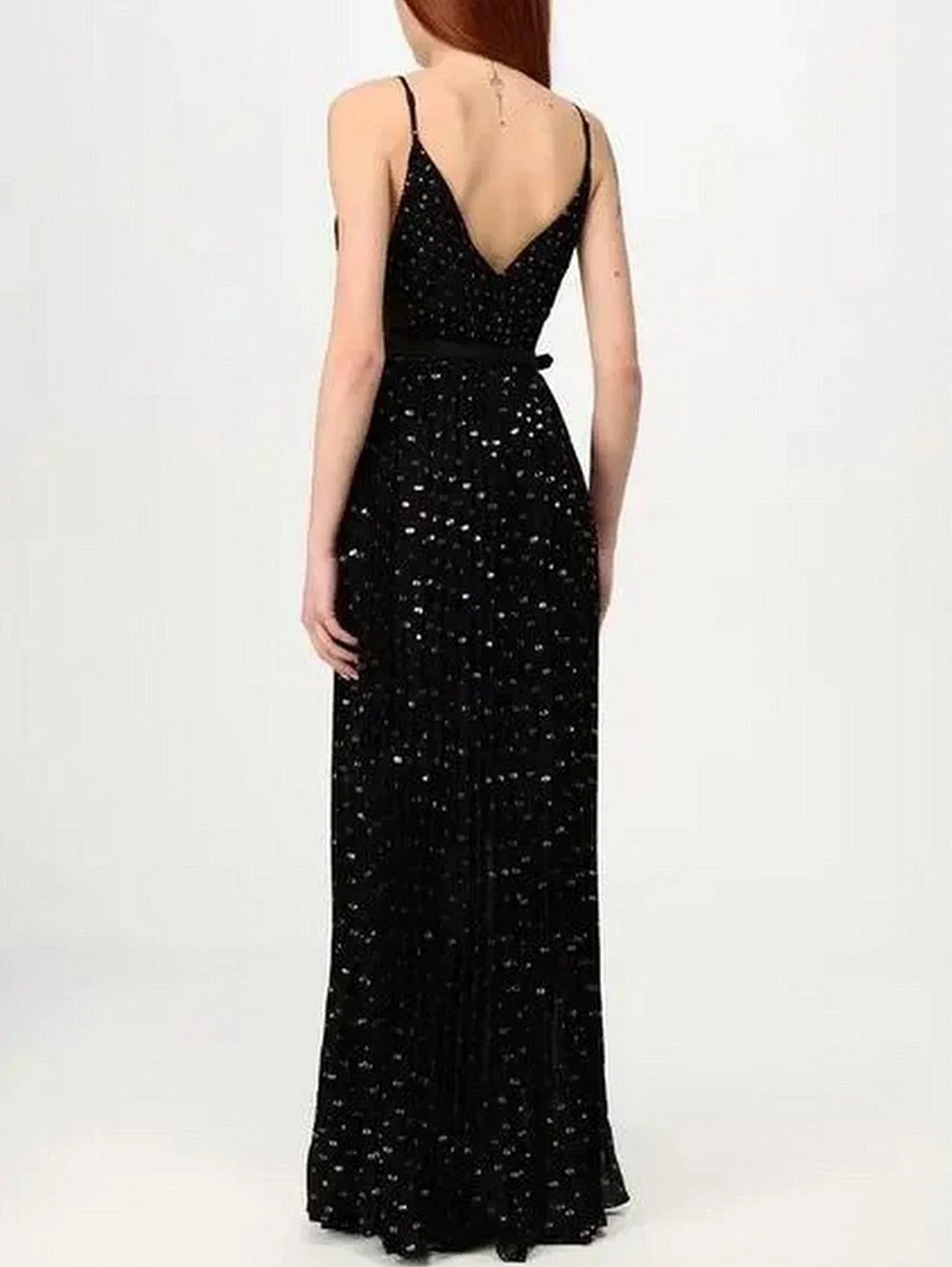 Belted Black Gold-Spotted Chiffon Maxi Dress - Dresses